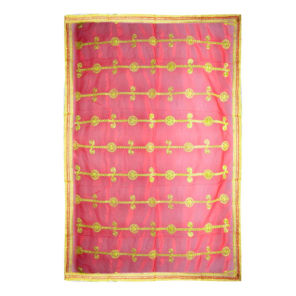 Add a touch of elegance to your pooja rituals with this exquisite Pink and Gold Mata Chunri, sized 225 cm x 104 cm. Featuring vertical golden motifs with intricate detailing and a shimmering border, it is perfect for Devi pooja, temple decor, and religious ceremonies during Navratri, Diwali, and other festivals.

Shop now at satvikworld.com for premium Hindu pooja essentials delivered across the USA.