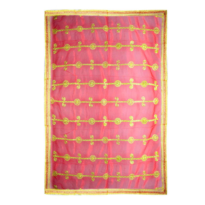 Add a touch of elegance to your pooja rituals with this exquisite Pink and Gold Mata Chunri, sized 225 cm x 104 cm. Featuring vertical golden motifs with intricate detailing and a shimmering border, it is perfect for Devi pooja, temple decor, and religious ceremonies during Navratri, Diwali, and other festivals.

Shop now at satvikworld.com for premium Hindu pooja essentials delivered across the USA.