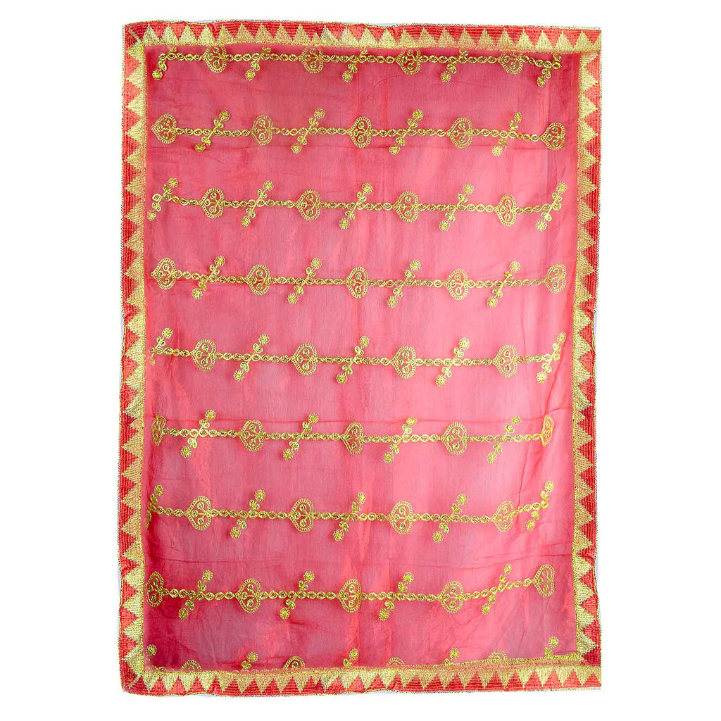Traditional Pink Pooja Chunri with Golden Embroidered Chain Motifs – 100x208 cm (39.4x81.9 inches), ideal for Hindu rituals, temple decor, and festive celebrations like Diwali and Navratri in the USA.