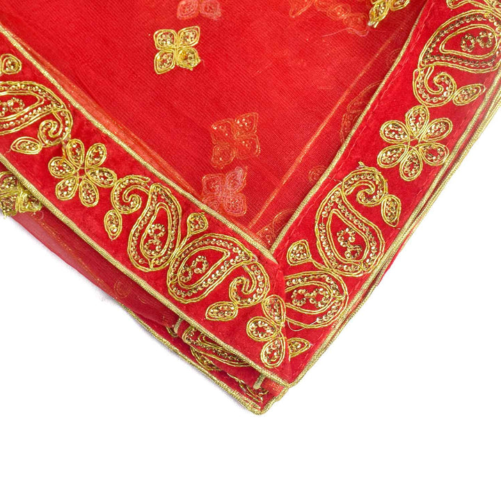 Adorn your pooja altar with this stunning Pink and Gold Mata Chunri, measuring 222 cm x 108 cm. Featuring intricate gold embroidered patterns and a decorative red border, it is perfect for Devi pooja, temple decor, and religious ceremonies during Navratri, Diwali, and other sacred occasions.

Shop now at satvikworld.com for premium Hindu pooja accessories delivered across the USA.