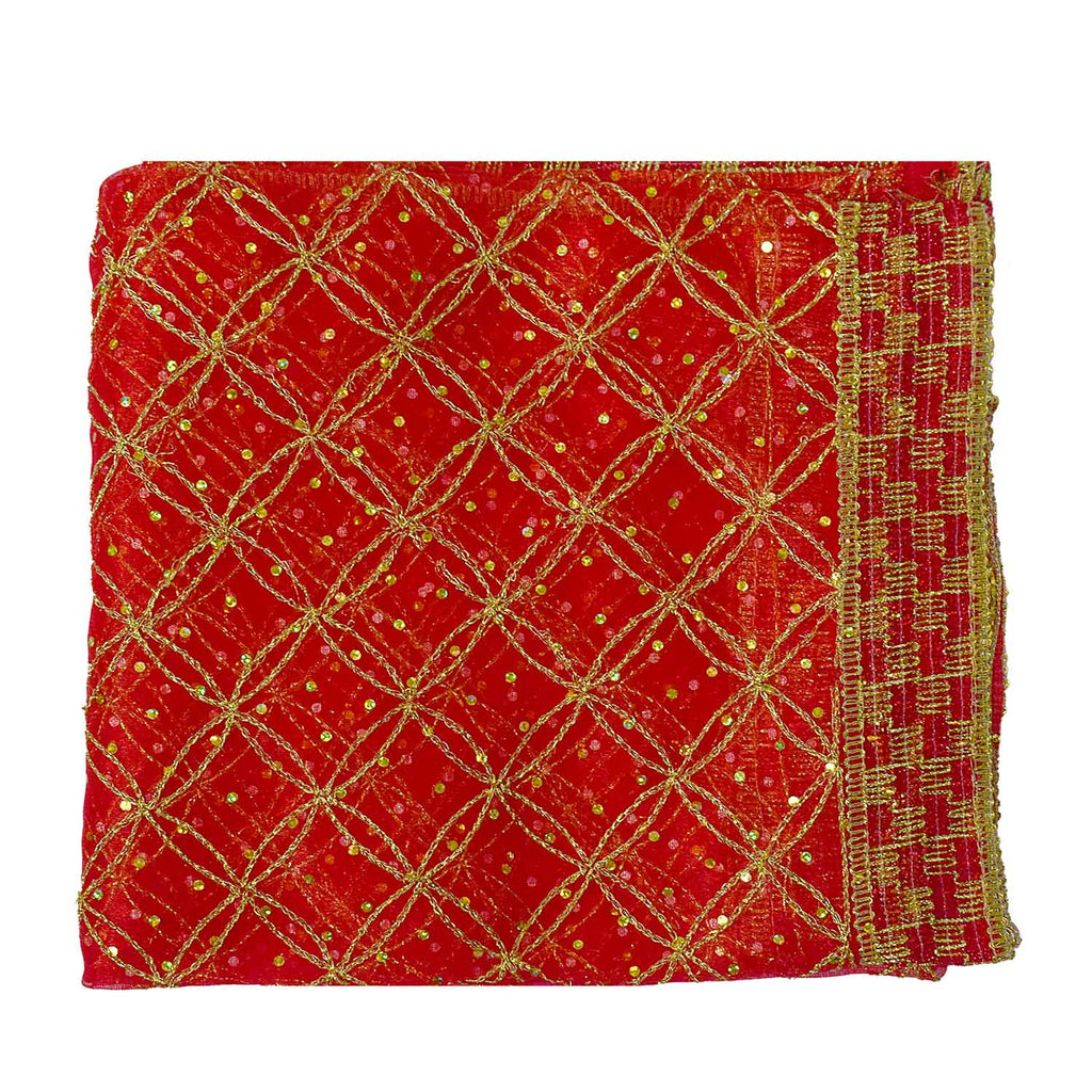 Traditional Pink Pooja Chunri with Golden Grid Pattern – 104x208 cm (41x82 inches), ideal for Hindu rituals, temple decor, and festive celebrations like Diwali and Navratri in the USA.
