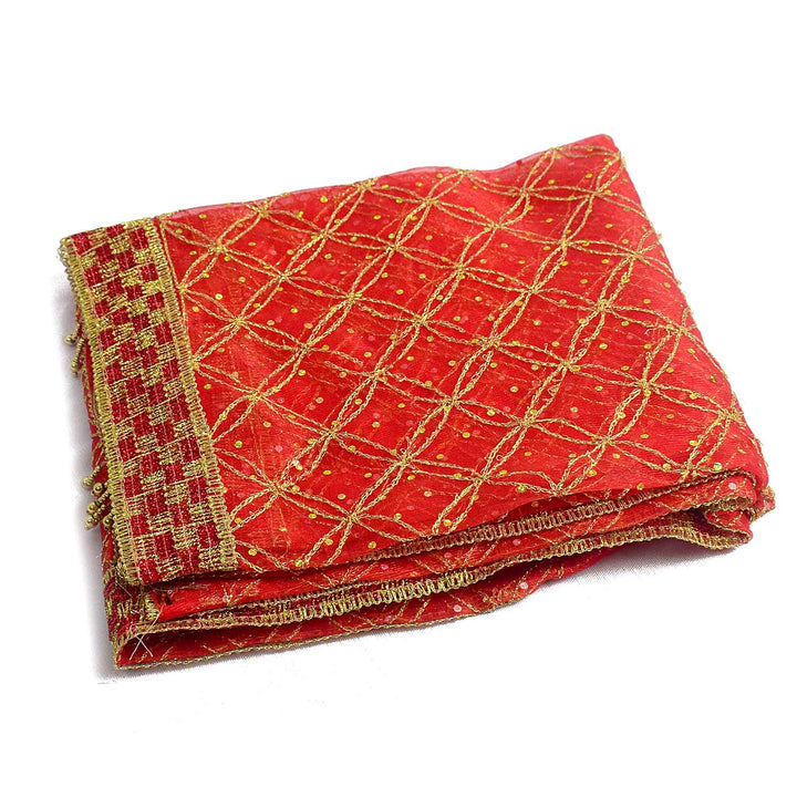 Traditional Pink Pooja Chunri with Golden Grid Pattern – 104x208 cm (41x82 inches), ideal for Hindu rituals, temple decor, and festive celebrations like Diwali and Navratri in the USA.