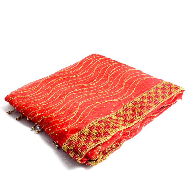 Traditional Pink Pooja Chunri with Golden Wavy Pattern – 104x214 cm (40.9x84.3 inches), perfect for Hindu rituals, temple decor, and festive celebrations like Diwali and Navratri in the USA.