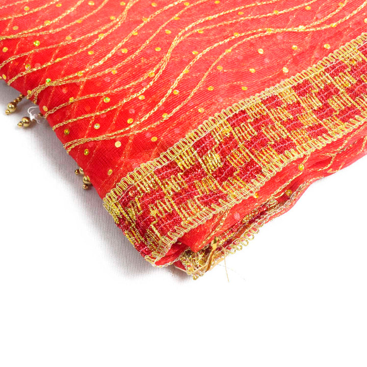 Traditional Pink Pooja Chunri with Golden Wavy Pattern – 104x214 cm (40.9x84.3 inches), perfect for Hindu rituals, temple decor, and festive celebrations like Diwali and Navratri in the USA.