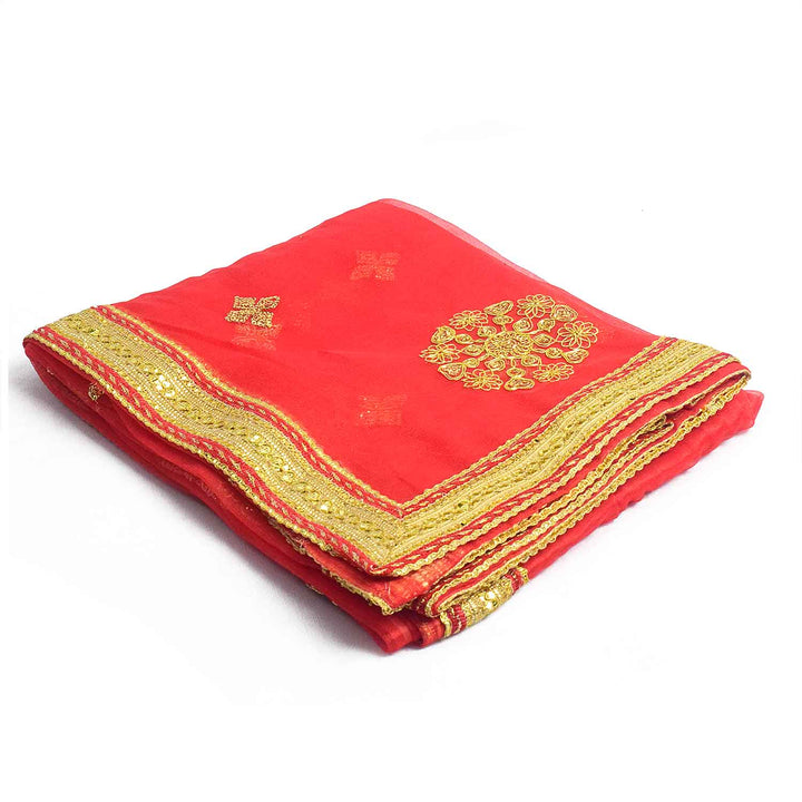 Traditional Pink Pooja Chunri with Golden Embroidered Motifs – 110x214 cm (43.3x84.2 inches), perfect for Hindu rituals, temple decor, and festive celebrations like Diwali and Navratri in the USA.