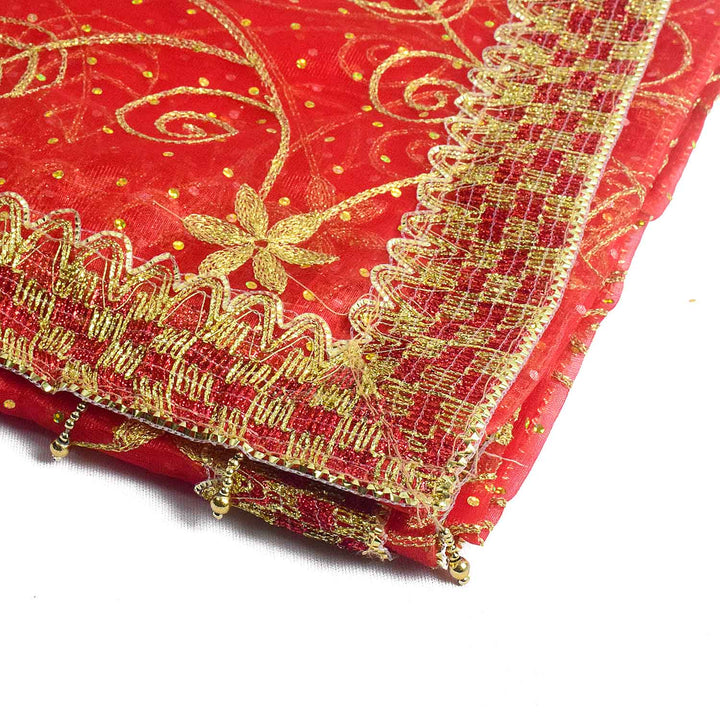 Traditional Pink Pooja Chunri with Golden Embroidered Floral and Leaf Motifs – 104x214 cm (40.9x84.3 inches), ideal for Hindu rituals, temple decor, and festive celebrations like Diwali and Navratri in the USA.