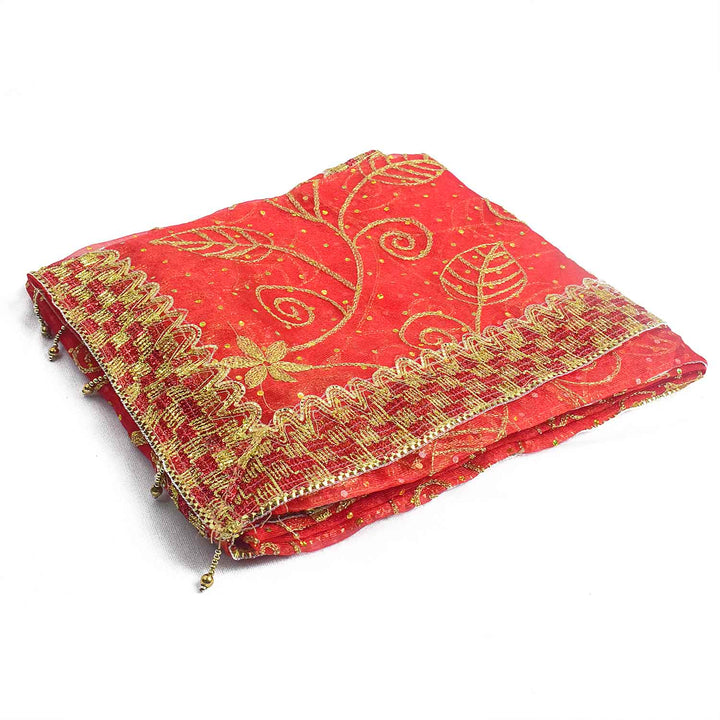 Traditional Pink Pooja Chunri with Golden Embroidered Floral and Leaf Motifs – 104x214 cm (40.9x84.3 inches), ideal for Hindu rituals, temple decor, and festive celebrations like Diwali and Navratri in the USA.