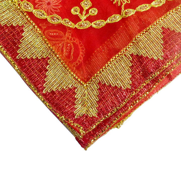 Traditional Pink Pooja Chunri with Golden Embroidered Design – 103x220 cm (40.5x86.6 inches), perfect for Hindu rituals, temple decor, and festive celebrations like Diwali and Navratri in the USA.