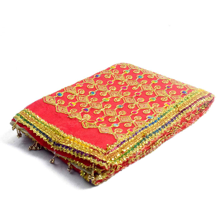 Traditional Pink Pooja Chunri with Golden Embroidered Design – 103x190 cm (40.5x74.8 inches), perfect for Hindu rituals, temple decor, and festive celebrations like Diwali and Navratri in the USA.