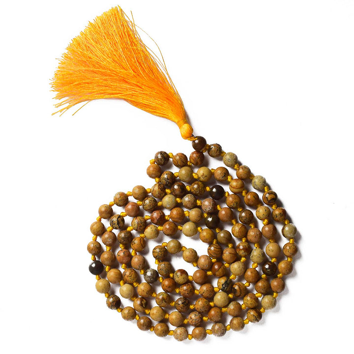 108 Beads Picture Jasper Hakik Mala – A grounding and healing mala for emotional balance, creativity, and spiritual connection. India’s Premium Hakik Jap Mala Store - www.satvikworld.com
