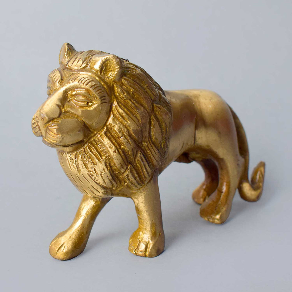 3-inch handcrafted brass lion idol, symbolizing strength, bravery, and courage, with intricate detailing and a majestic stance. Ideal for home décor or as a powerful spiritual symbol. India’s Largest Pooja Accessories Brand – www.satvikworld.com