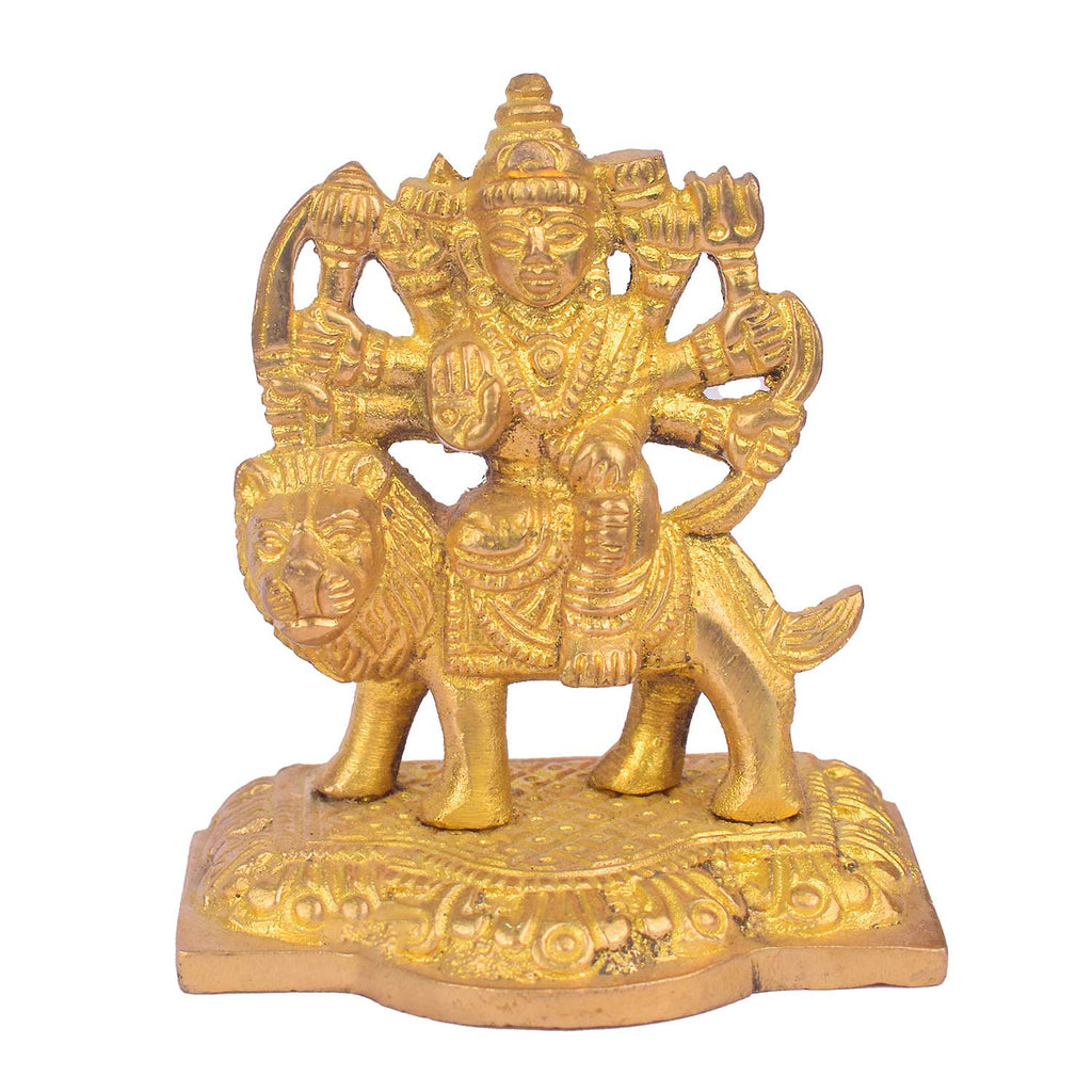 2.8-inch idol of Maa Durga radiating divine energy, intricately crafted with vibrant colors and fine details, depicting the goddess seated on a lion with multiple arms holding sacred weapons—symbolizing power, protection, and spiritual grace. India’s Largest Pooja Accessories Brand- www.satvikworld.com