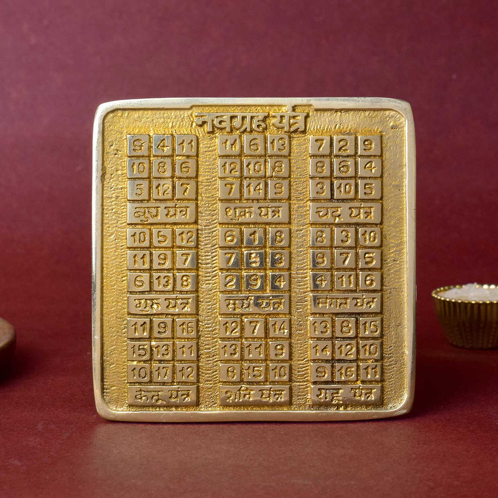 Brass Navgrah Yantra with sacred engravings of nine planetary symbols, designed for balancing astrological energies and removing graha doshas in home or office. India’s Largest Pooja Accessories Brand - www.satvikworld.com


