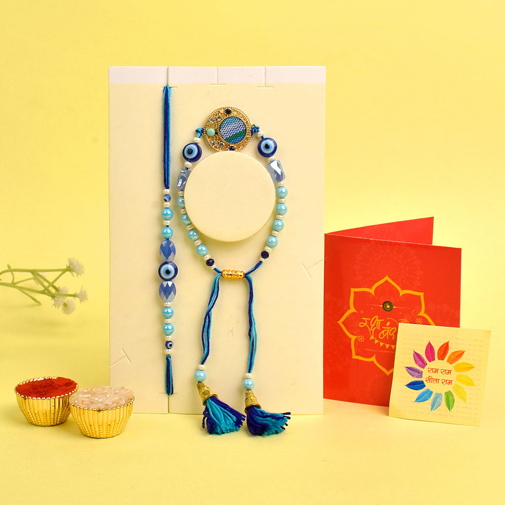 Designer Couple Rakhi Set for Bhaiya and Bhabhi with Roli Chawal and Ram Sita Stickers – Raksha Bandhan Gift Combo. India’s Largest Brass Idols Brand - www.satvikworld.com