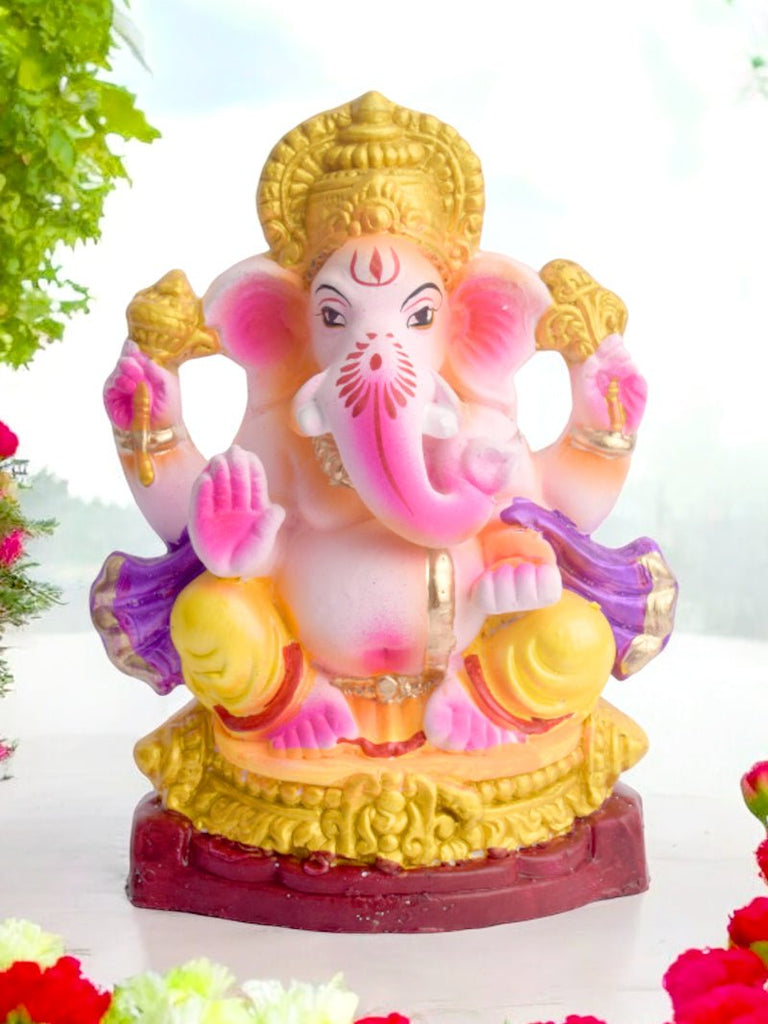 7.5-inch Devendrashika Ganapati idol in Padmasana pose, crafted from eco-friendly clay with serene detailing for spiritual décor. India’s Largest Pooja Accessories Brand – www.satvikworld.com