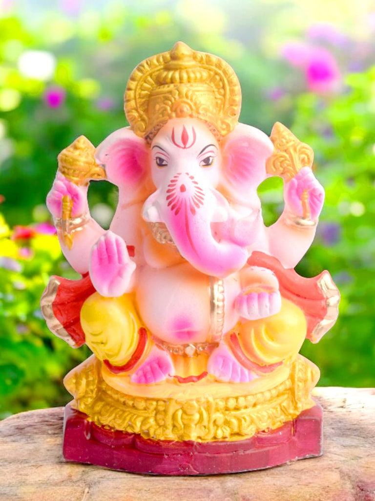 7.5-inch Devendrashika eco-friendly Ganesha idol seated in Padmasana pose, handcrafted from natural clay and adorned with vibrant, non-toxic colors, embodying serenity and sustainability. India’s Largest Pooja Accessories Brand – www.satvikworld.com