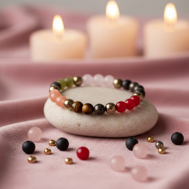 Dhan Vridhi natural stone beaded healing bracelet with 8mm multicolor beads. India’s Largest Pooja Accessories Brand - www.satvikworld.com