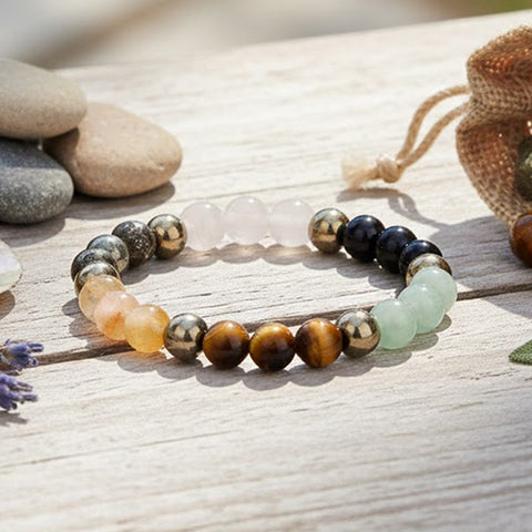 Dhan yog money magnet healing stone bracelet with pyrite aventurine citrine tiger eye clear quartz beads. India’s Largest Pooja Accessories Brand - www.satvikworld.com
