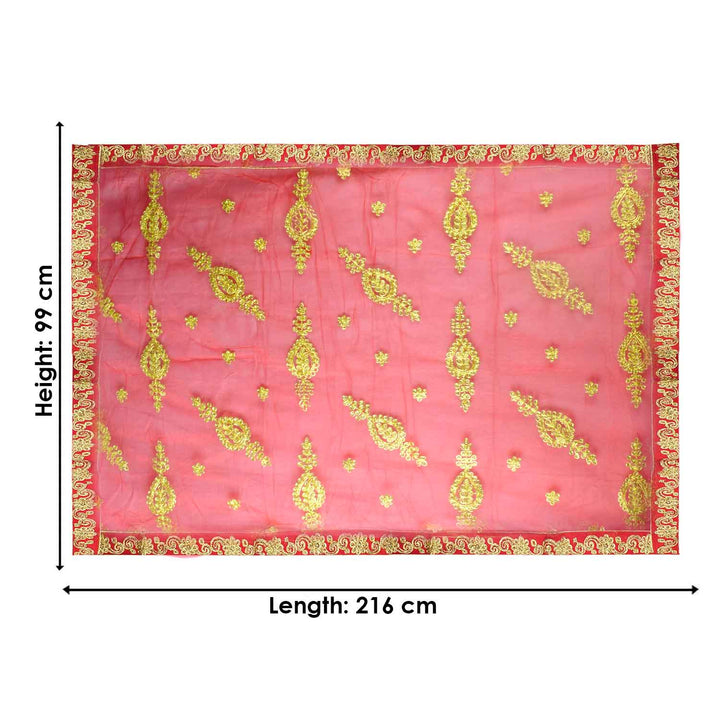 Enhance your pooja rituals with this elegant Pink and Gold Mata Chunri, measuring 216 cm x 99 cm. Featuring intricate gold paisley patterns and a decorative red border, it is ideal for Devi pooja, altar decoration, and religious ceremonies during Navratri, Diwali, and other auspicious events.

Shop now at satvikworld.com for authentic Indian pooja accessories delivered across the USA.