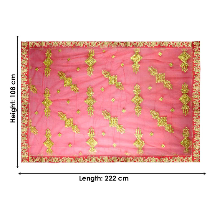 Adorn your pooja altar with this stunning Pink and Gold Mata Chunri, measuring 222 cm x 108 cm. Featuring intricate gold embroidered patterns and a decorative red border, it is perfect for Devi pooja, temple decor, and religious ceremonies during Navratri, Diwali, and other sacred occasions.

Shop now at satvikworld.com for premium Hindu pooja accessories delivered across the USA.