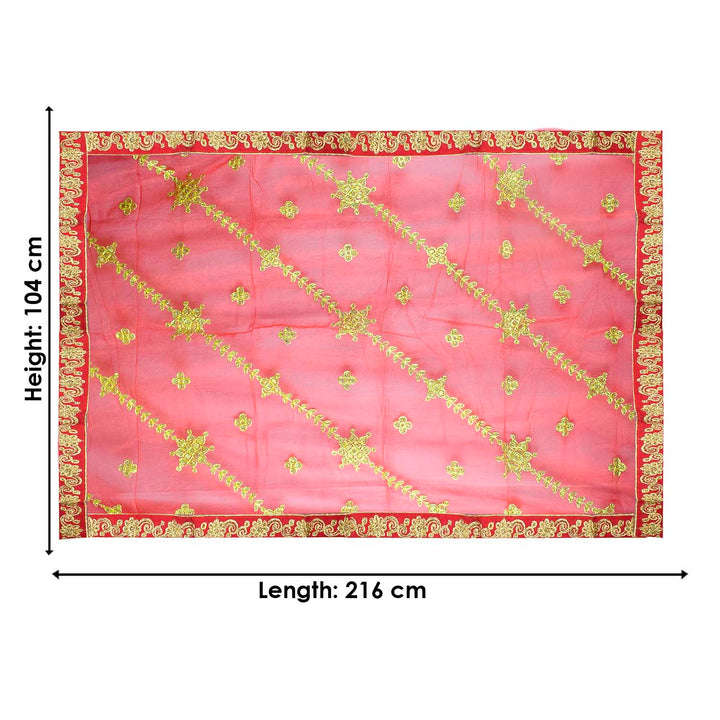 Add elegance to your pooja decor with this stunning Pink and Gold Mata Chunri, measuring 216 cm x 104 cm. Designed with golden floral patterns and a decorative border, it is perfect for Devi pooja, temple decor, and religious ceremonies during Navratri, Diwali, and other festive occasions.

Shop now at satvikworld.com for authentic Hindu pooja essentials delivered across the USA.