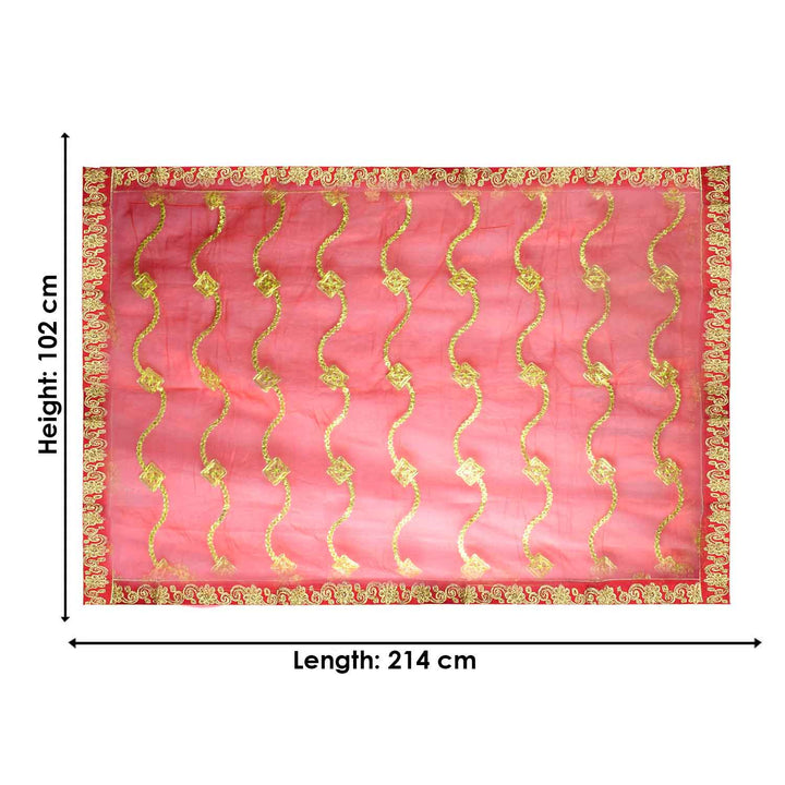 Add grace to your pooja ceremonies with this Pink and Gold Mata Chunri, measuring 214 cm x 102 cm. Adorned with gold wave patterns and a rich red border, it is perfect for Devi pooja, mandir altar decoration, and religious rituals during Navratri, Diwali, and other occasions.

Shop now at satvikworld.com for authentic Indian pooja essentials across the USA.