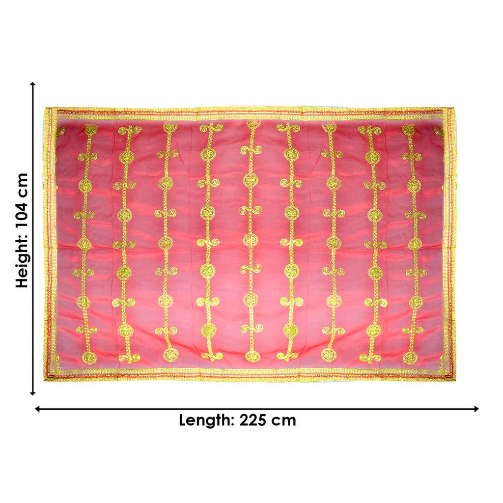 Add a touch of elegance to your pooja rituals with this exquisite Pink and Gold Mata Chunri, sized 225 cm x 104 cm. Featuring vertical golden motifs with intricate detailing and a shimmering border, it is perfect for Devi pooja, temple decor, and religious ceremonies during Navratri, Diwali, and other festivals.

Shop now at satvikworld.com for premium Hindu pooja essentials delivered across the USA.