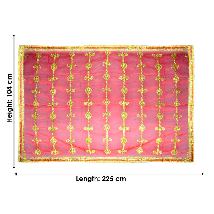 Add a touch of elegance to your pooja rituals with this exquisite Pink and Gold Mata Chunri, sized 225 cm x 104 cm. Featuring vertical golden motifs with intricate detailing and a shimmering border, it is perfect for Devi pooja, temple decor, and religious ceremonies during Navratri, Diwali, and other festivals.

Shop now at satvikworld.com for premium Hindu pooja essentials delivered across the USA.