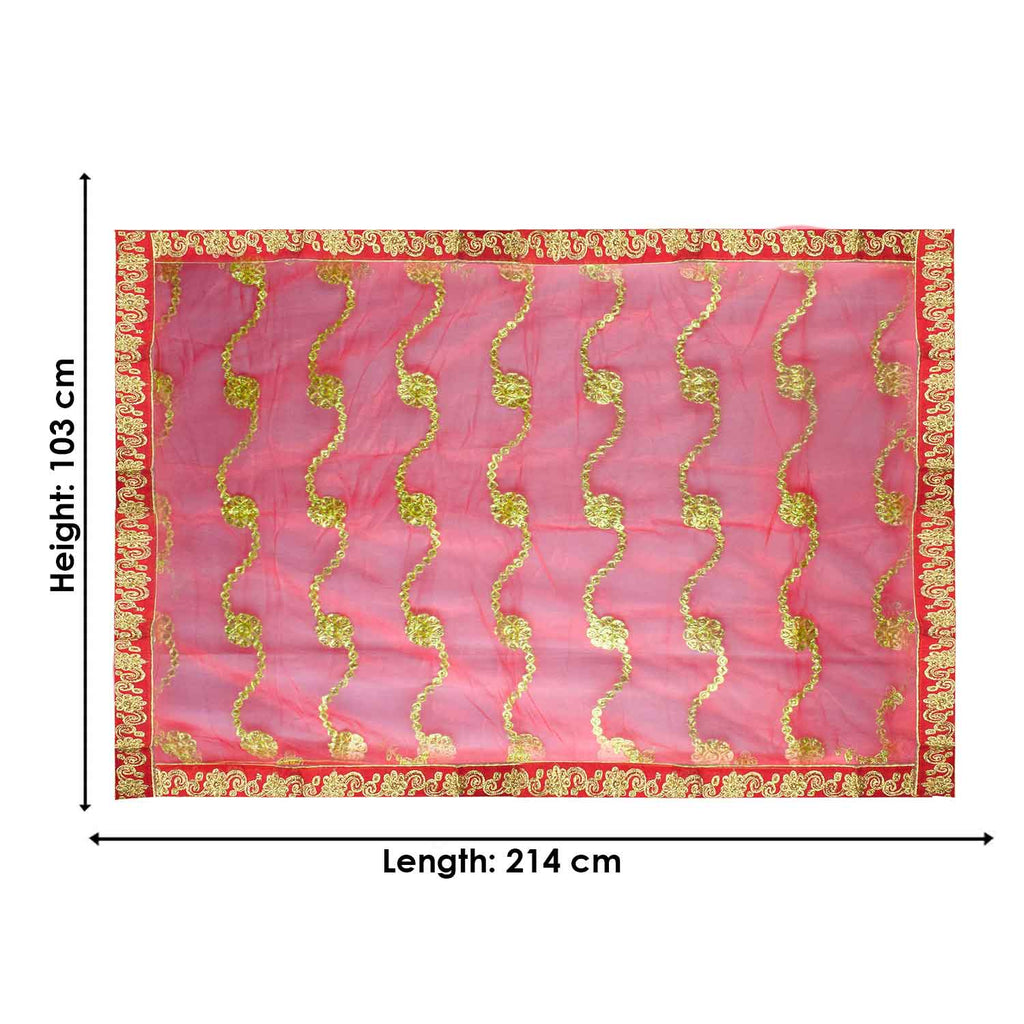 Enhance your pooja rituals with this elegant Pink and Gold Mata Chunri, sized 214 cm x 103 cm. Featuring golden wave-like patterns and a decorative border, it is ideal for Devi pooja, temple decor, and religious ceremonies during Navratri, Diwali, and other festive celebrations.

Shop now at satvikworld.com for premium Hindu pooja essentials delivered across the USA.