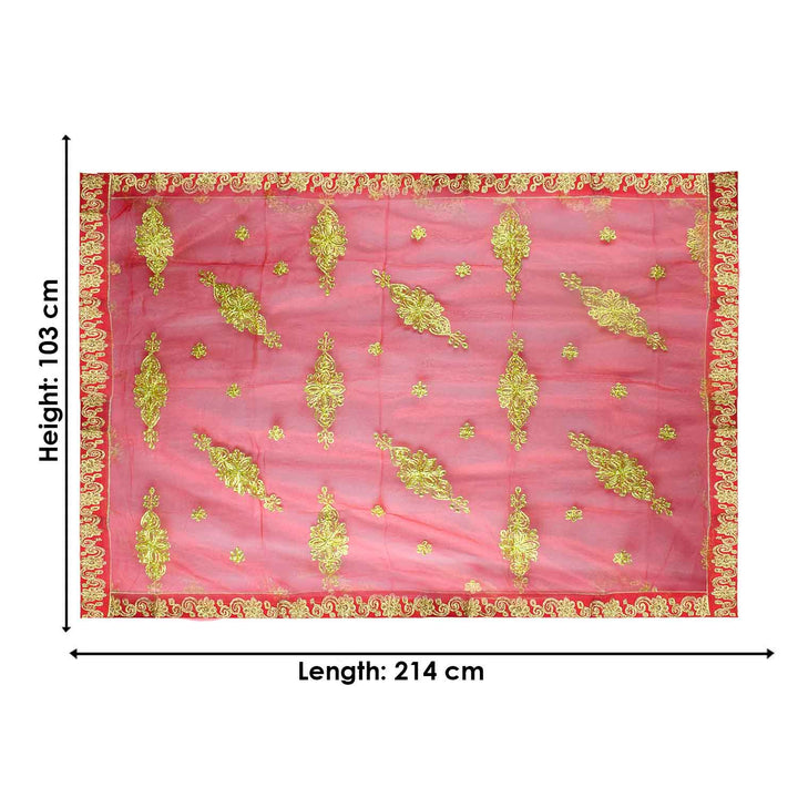 Enhance your pooja altar with this elegant Pink and Gold Mata Chunri, measuring 214 cm x 103 cm. Adorned with intricate gold embroidery and a decorative red border, it is ideal for Devi pooja, temple decor, and religious ceremonies during Navratri, Diwali, and other auspicious events.

Shop now at satvikworld.com for premium Hindu pooja essentials delivered across the USA.