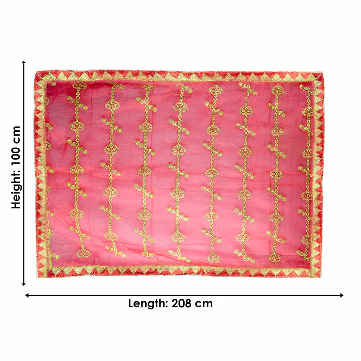 Traditional Pink Pooja Chunri with Golden Embroidered Chain Motifs – 100x208 cm (39.4x81.9 inches), ideal for Hindu rituals, temple decor, and festive celebrations like Diwali and Navratri in the USA.