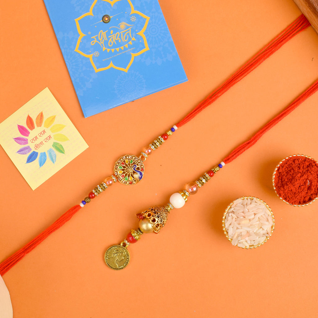 Designer Couple Rakhi Set for Bhaiya and Bhabhi with Roli Chawal and Ram Sita Stickers – Raksha Bandhan Gift Combo. India’s Largest Brass Idols Brand - www.satvikworld.com