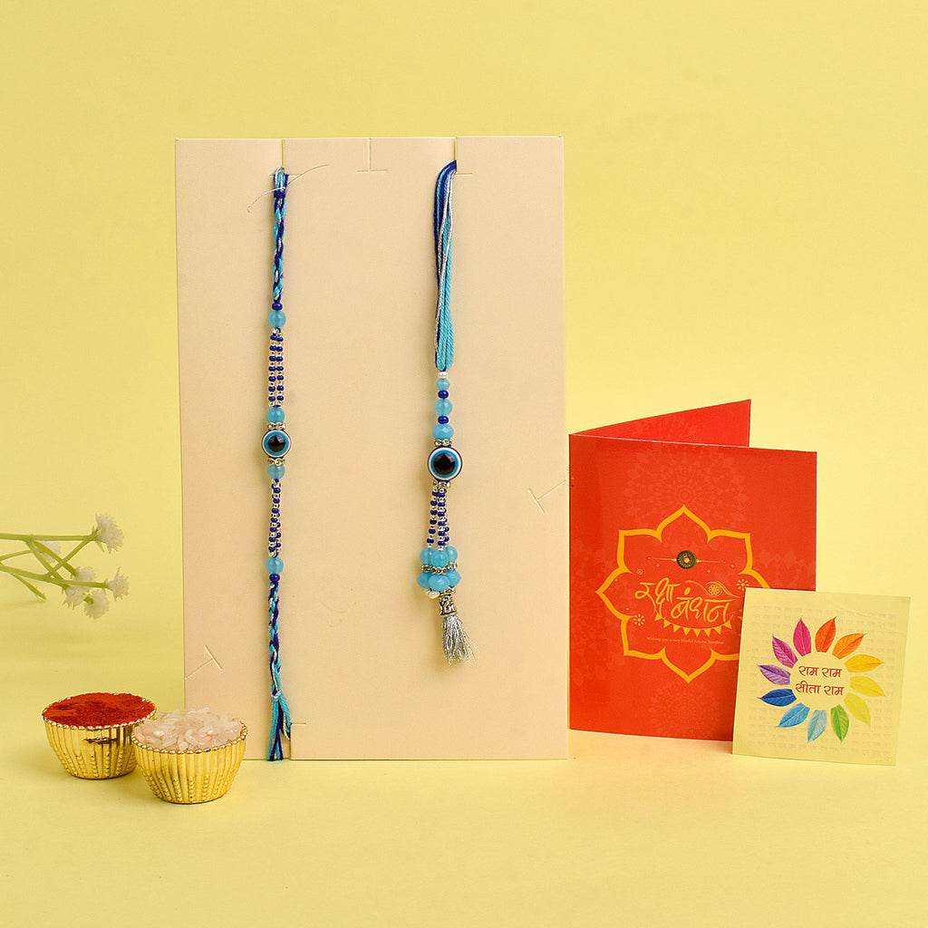 Designer Couple Rakhi Set for Bhaiya and Bhabhi with Roli Chawal and Ram Sita Stickers – Raksha Bandhan Gift Combo. India’s Largest Brass Idols Brand - www.satvikworld.com