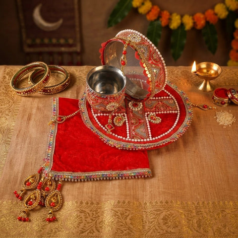 Elegant Red Karwa Thali Set | India’s Largest Pooja Accessories Brand – www.satvikworld.com
