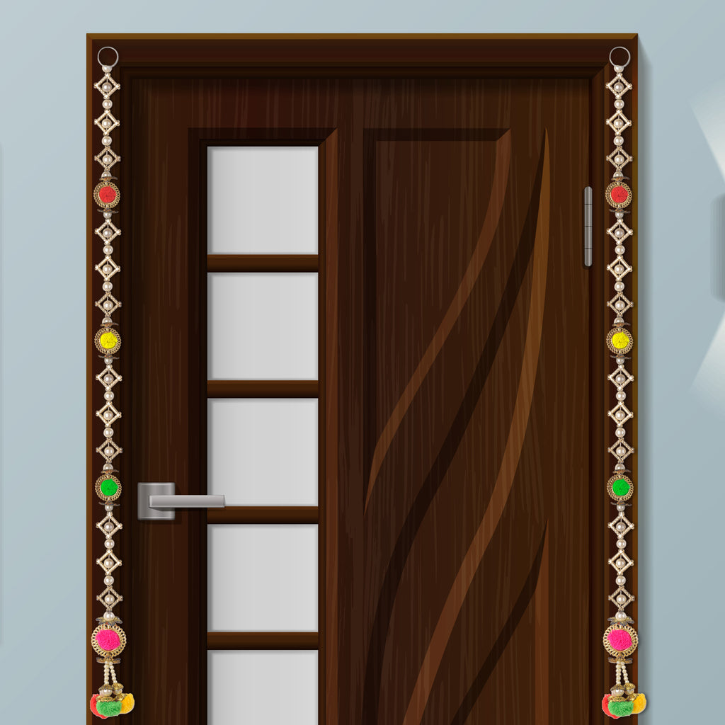 Elegant Wall Hanging with Pearls and Colorful Pom Pom Tassels for Festive Home Decor. India’s Largest Pooja Accessories Brand – www.satvikworld.com
