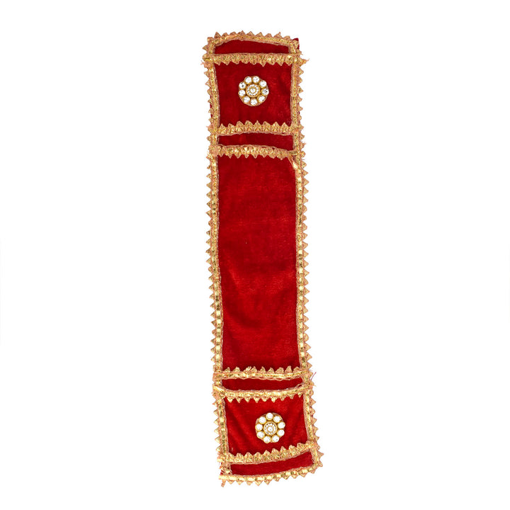 Elegant red Patka or Angvastra with golden lace, available in 15, 22, and 32 inch sizes for Ganpati and other deity idols. India’s Largest Pooja Accessories Brand – www.satvikworld.com