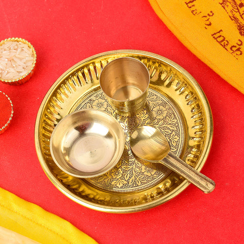 Embossed Laddu Gopal Pooja Bhog Thali Set measuring 4 to 5 inches, featuring intricate Kanha design with traditional elements, ideal for bhog offerings and festive rituals. India’s Largest Pooja Accessories Brand – www.satvikworld.com