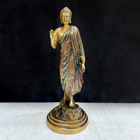 10 Inch Exquisite Buddha in Standing Pose – Elegant Brass Statue of Lord Buddha in a Calm Standing Posture, Symbolizing Enlightenment, Inner Peace, and Mindfulness, Perfect for Meditation Spaces, Home Decor, and Spiritual Corners, Handcrafted with Intricate Detailing for a Serene Presence, Ideal for Gifting and Puja Use, Buy Buddha Idol Online, Affordable Spiritual Statue Prices | India’s Largest Pooja Accessories Brand – www.satvikworld.com