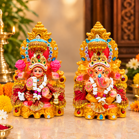 Stone Studded Clay Laxmi Ganesh Idols with Golden Throne