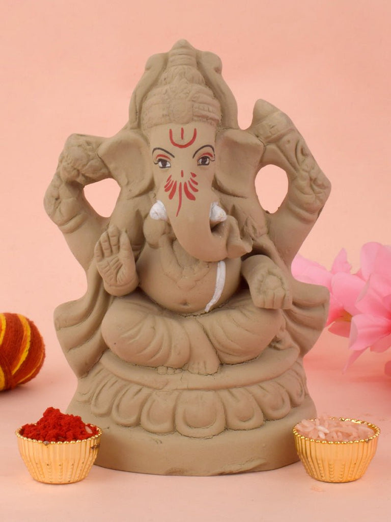 6 Inch Gajavaktra Eco-Friendly Ganesha Idol seated in a divine pose, handcrafted with natural clay and vibrant eco-safe colors. India’s Largest Pooja Accessories Brand – www.satvikworld.com