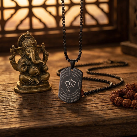 Ganpati shlok microcarved black pendant with detailed engraving for divine blessings. India’s Largest Pooja Accessories Brand - www.satvikworld.com