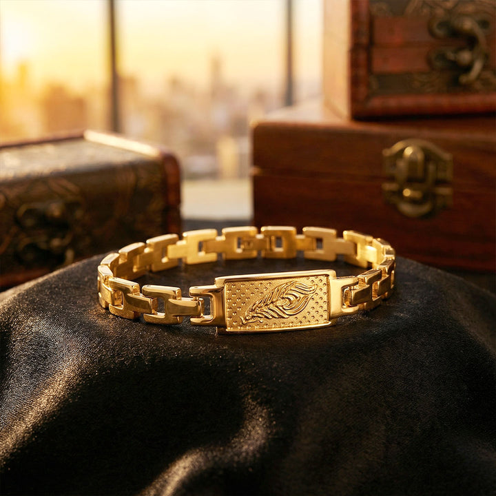 Gold Plated Feather Bracelet with premium IGP coating featuring elegant feather design – adjustable symbolic bracelet for daily wear and gifting. India’s Largest Pooja Accessories Brand - www.satvikworld.com