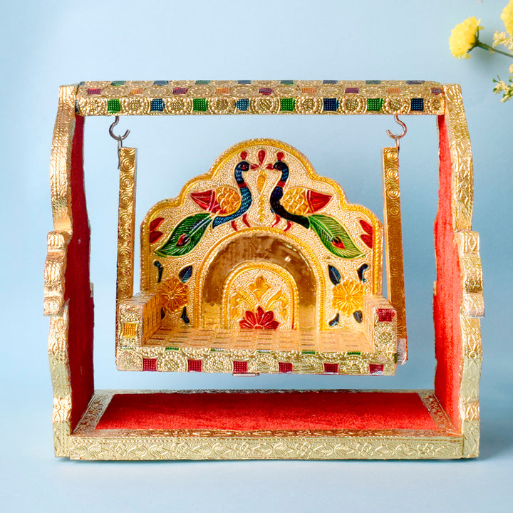 Golden Meenakari Peacock Singhasan Jhula | India’s Largest Pooja Accessories Brand – www.satvikworld.com
