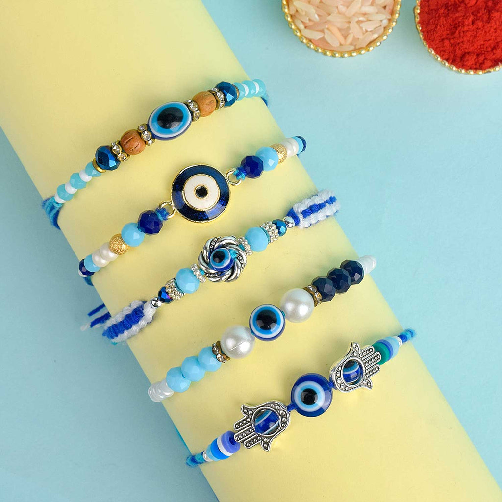 Set of 5 Designer Rakhi Threads with Roli Chawal and Ram Sita Stickers for Raksha Bandhan Celebration. India’s Largest Pooja Accessories Brand - www.satvikworld.com