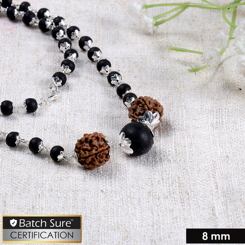 Silver Plated Karungali Mala 8mm with Rudraksha Govt Certified