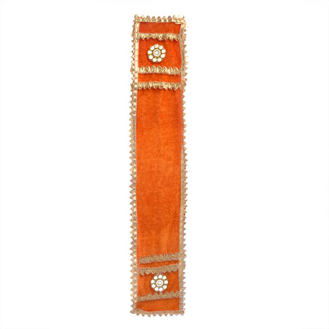 Graceful orange Patka or Angvastra with golden lace detailing, available in 15, 22, and 32 inch sizes for Ganesh idols and festival deities. India’s Largest Pooja Accessories Brand – www.satvikworld.com