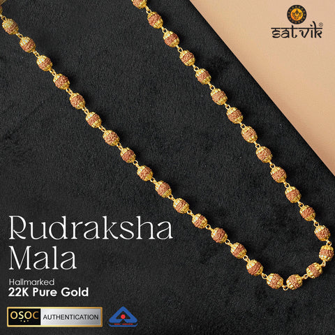 Hallmarked 22K Pure Gold Panchmukhi Rudraksha Mala with divine five-faced beads strung in authentic gold links, symbolizing spiritual power, purity, and prosperity. India’s Premium Rudraksha Jap Mala Store- www.satvIkworld.com