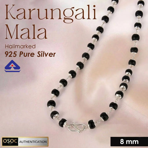 Hallmarked 925 Pure Silver Govt. Certified Karungali Mala