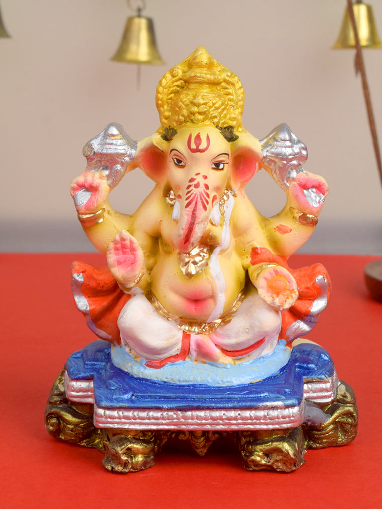 Handcrafted 5-inch eco Ganesha idol made of natural clay, designed for home puja and festivals, painted with safe, eco-friendly colors. India’s Largest Pooja Accessories Brand – www.satvikworld.com