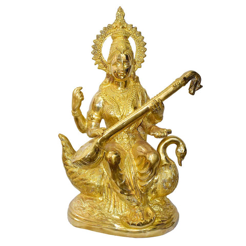 Handcrafted Brass Saraswati Idol for Home & Temple | Best for VIP Gift & Big Premium Gift | Large Goddess Saraswati Statue with Glossy Finish | 75 cm Height, 27.2 kg Weight | Best for Your Temple & Puja Decor | Premium Quality Brass Murti | World's Largest Puja Accessories Brand - Satvik No. 1 Brass Idol Collection 

